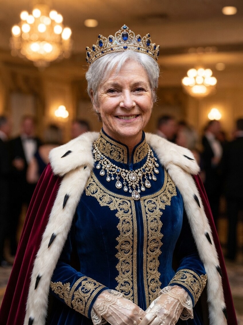 The same woman in the same ballroom, restyled in a jewelled crown, an ermine-trimmed robe and a diamond necklace — her face and her smile exactly as they were