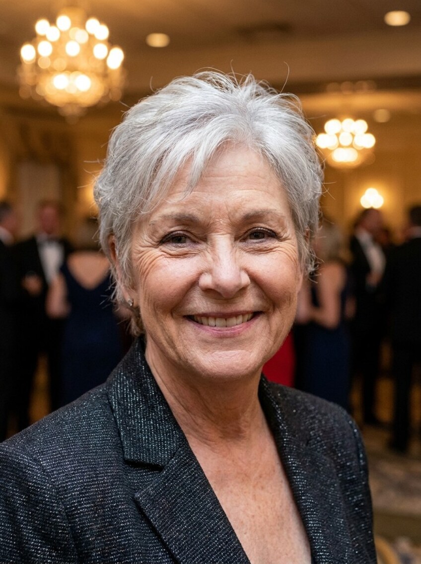 A smiling woman in a tweed jacket at a black-tie gala, chandeliers and other guests behind her