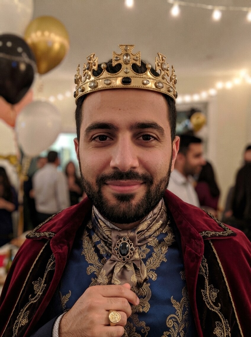 A guest at a birthday party crowned and robed by the photobooth, gold and black balloons behind them
