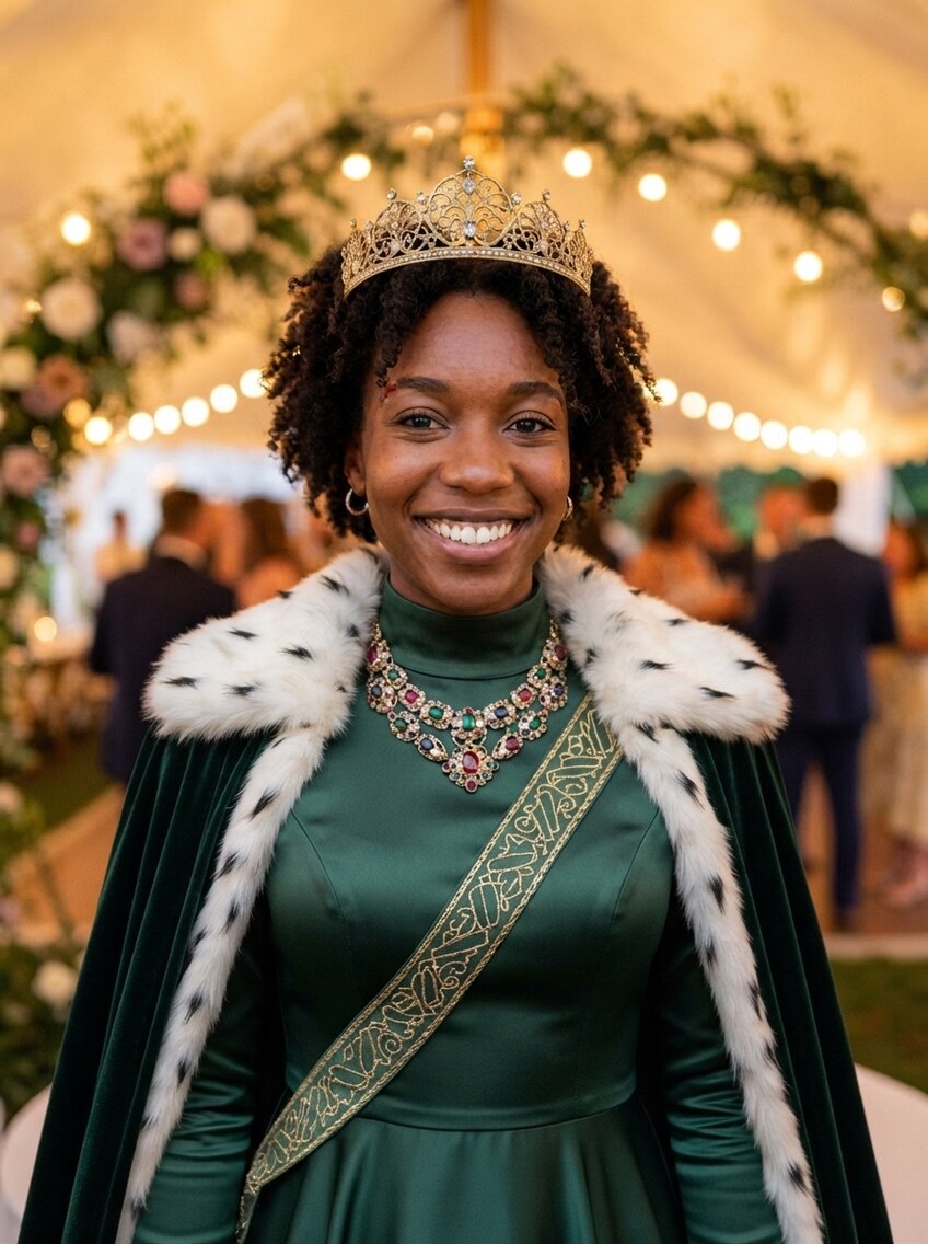 After — the same guest under the same floral arch, wearing a jewelled crown and a regal gown, her face unchanged