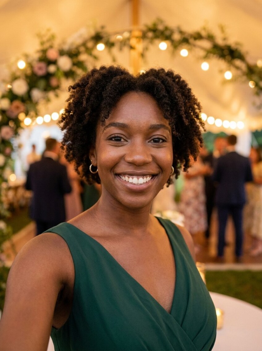 Before — a wedding guest in a green dress smiling under a floral arch in a marquee