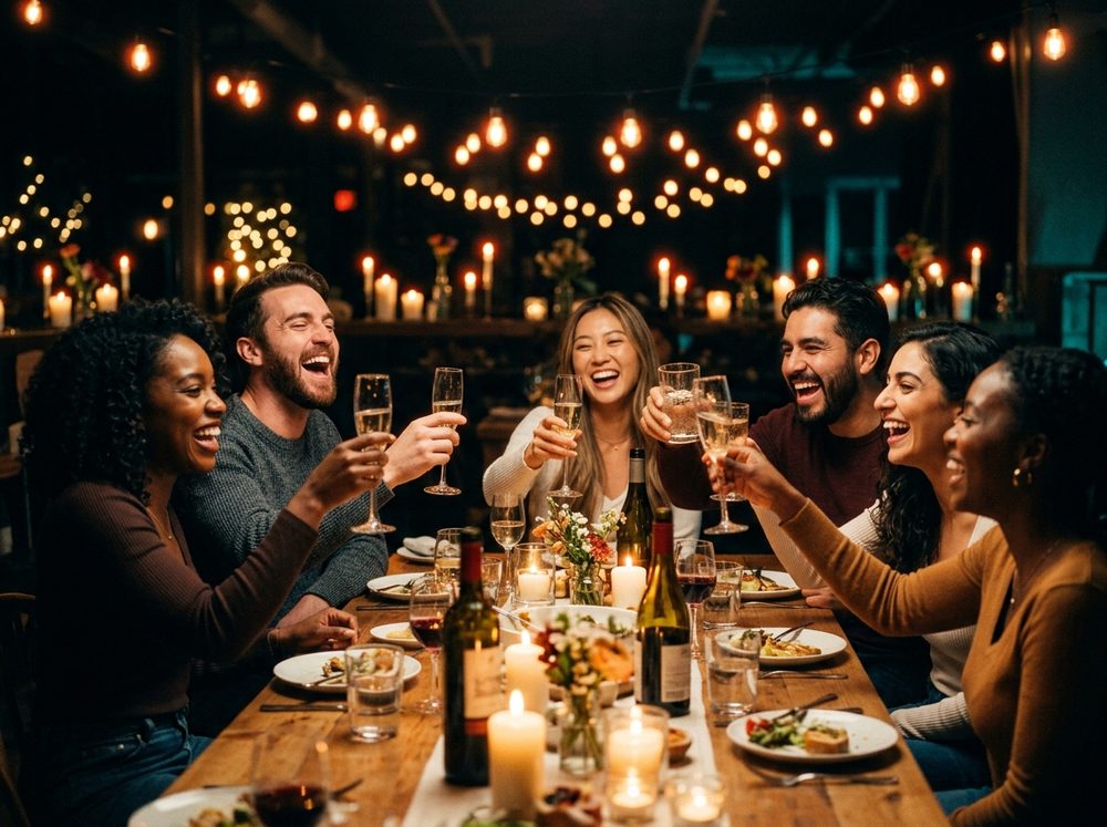 A guest's viewfinder at a candlelit reception — three friends laughing with raised glasses