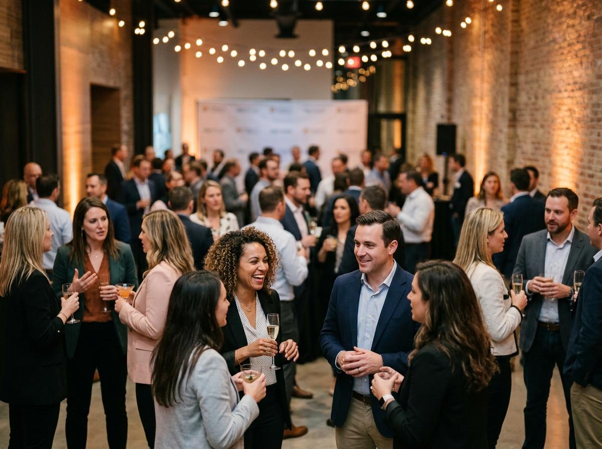A corporate launch reception, guests talking in front of a lit stage