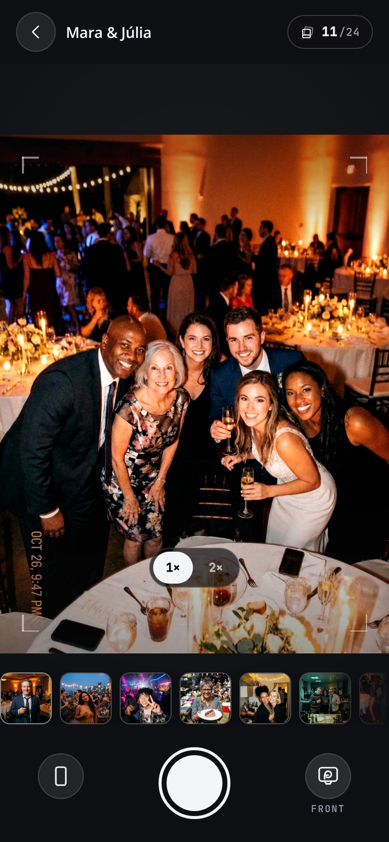 The Snapories camera on a guest's phone — the live viewfinder over a candlelit reception, the shot counter in the corner, and a strip of the shots already taken along the bottom