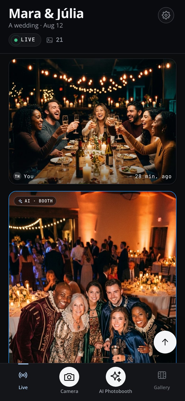 The Snapories live gallery on a phone — a guest's photograph of a toast at the top, and below it a photobooth result badged AI · BOOTH
